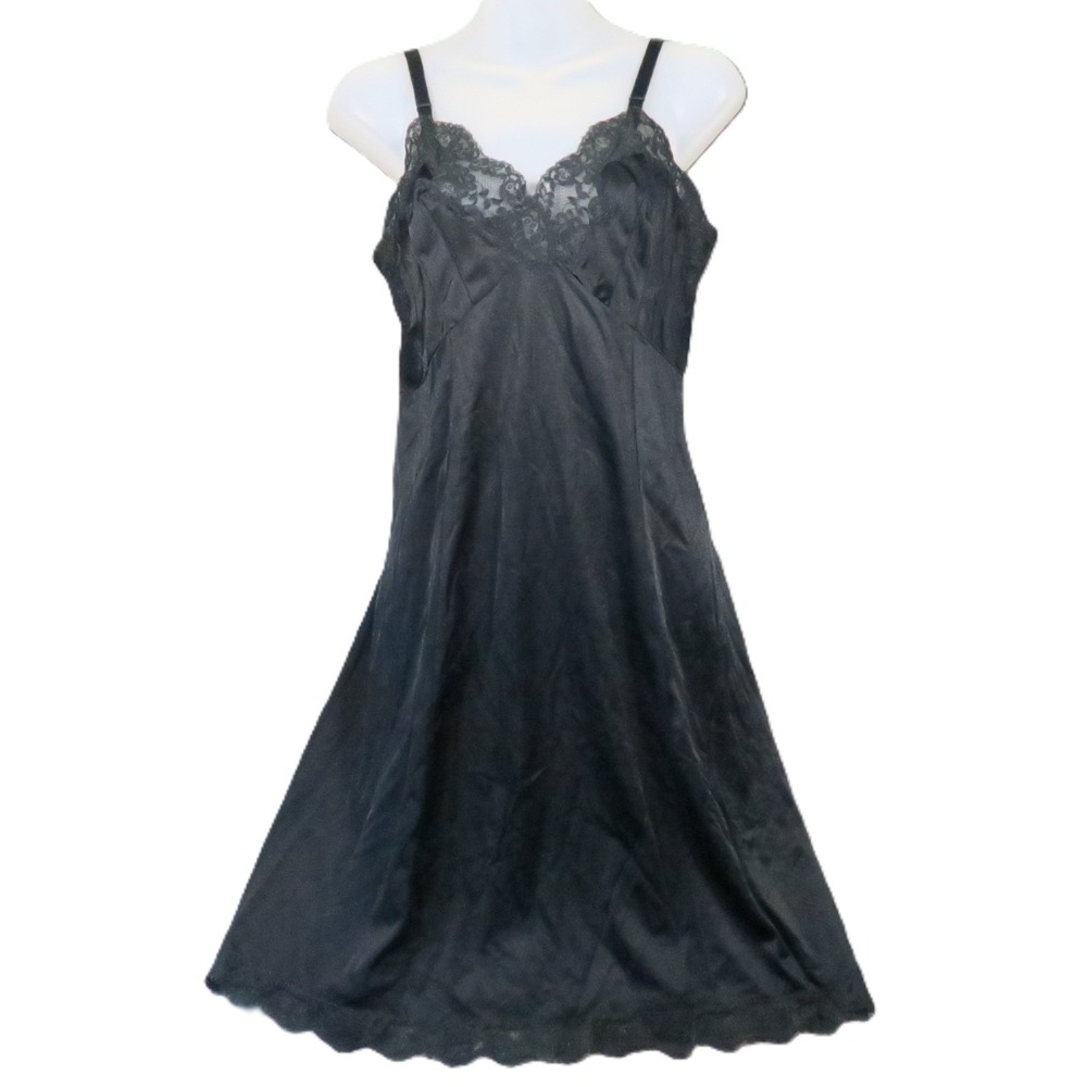Vtg Gossard Artemis Full Slip Dress Small Black Lace Trim Lingerie 60s Coquette
